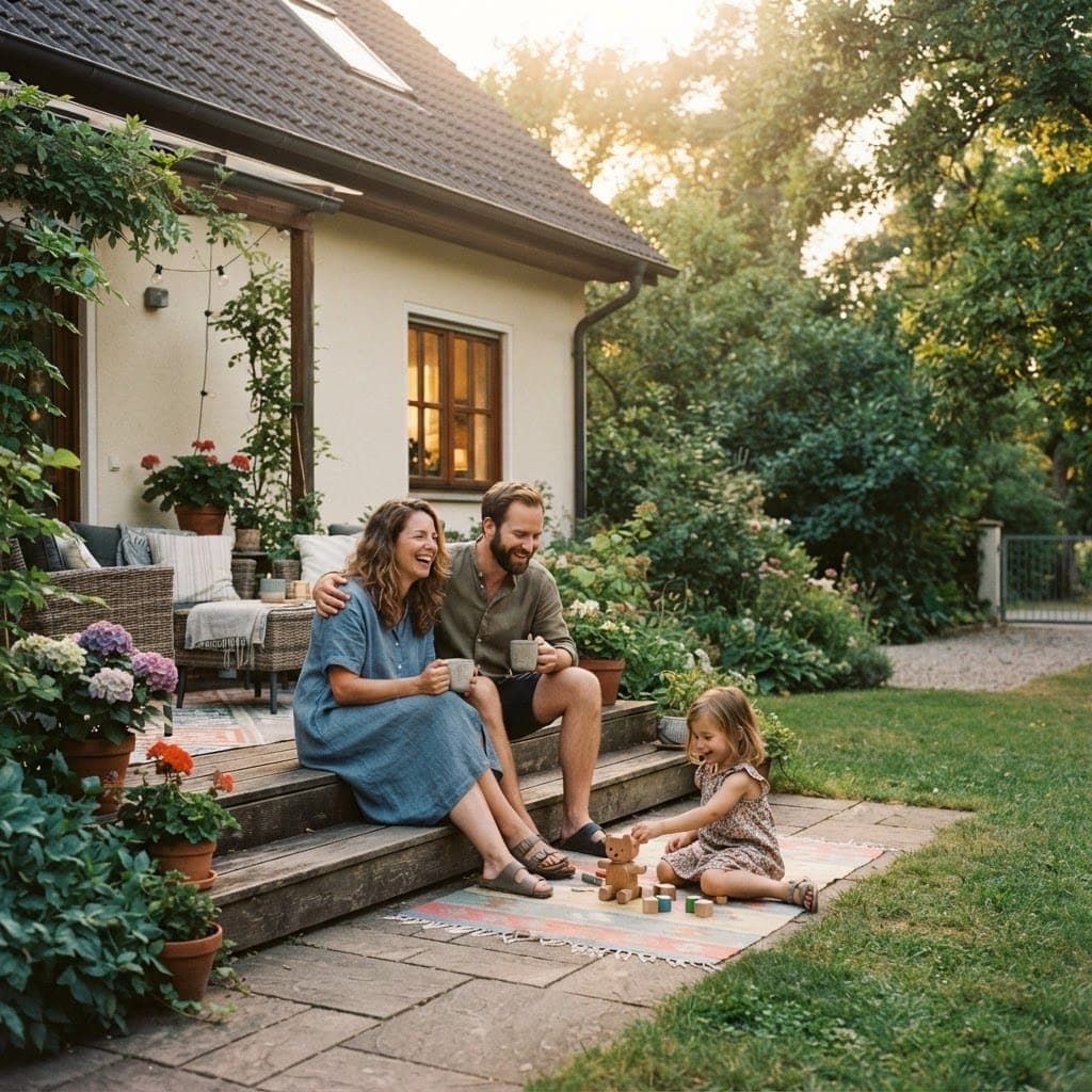 Familie vor ihrem Haus