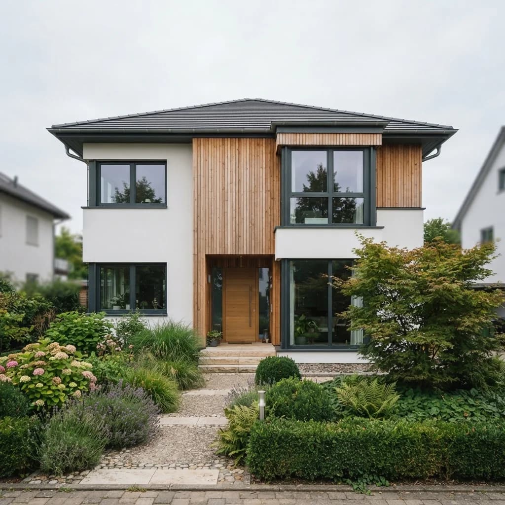 Modernes Einfamilienhaus ohne Schild, Hausnummer oder Kennzeichen