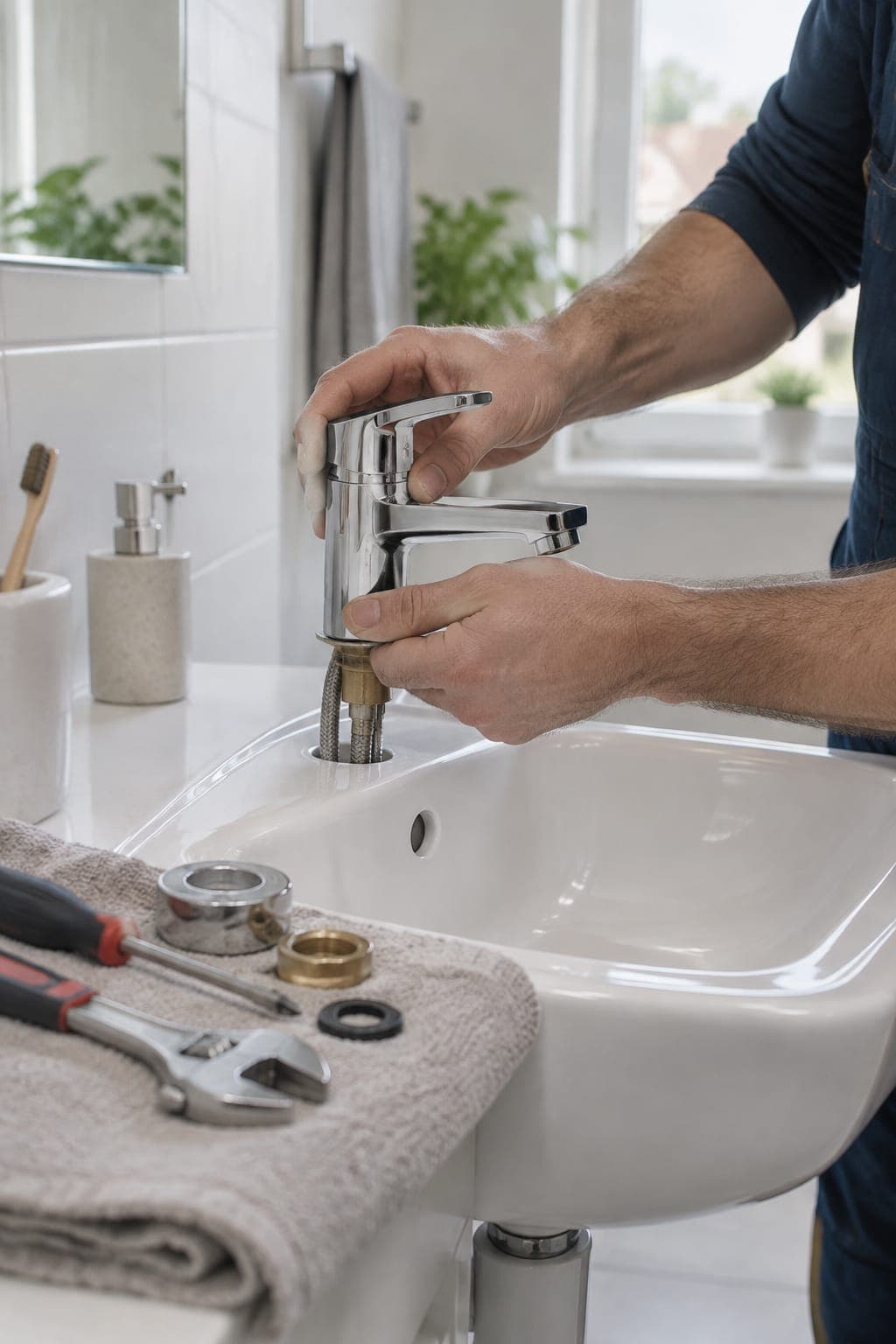Illustrative Szene zum Bereich Sanitär & Wasser, ohne lesbare Marken oder Namen