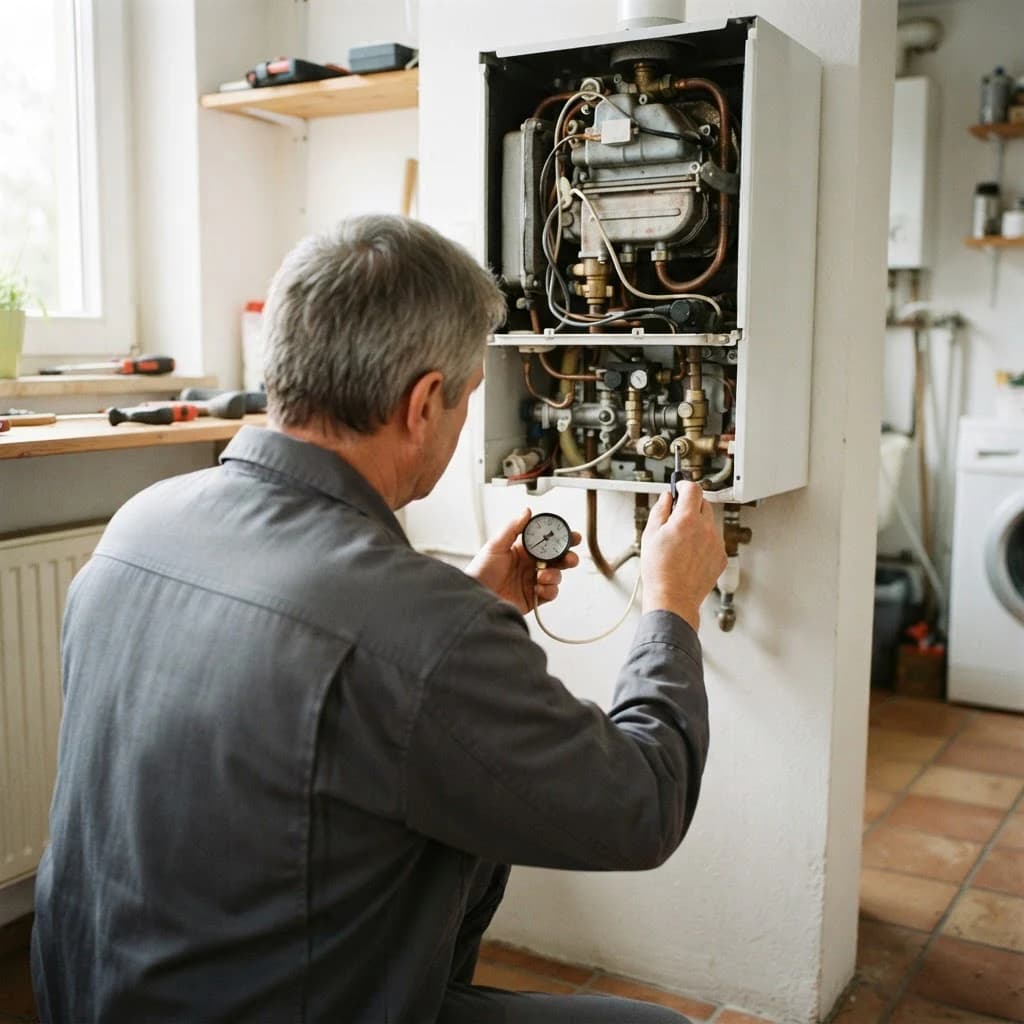 Handwerker bei der Arbeit an einem Haus, ohne lesbare Marken oder Namen