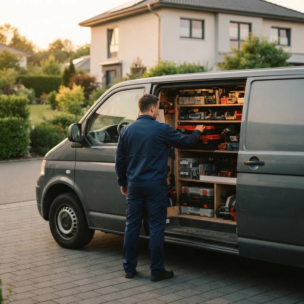 Handwerker greift in die geordneten Werkzeugregale seines Transporters vor einem Einfamilienhaus