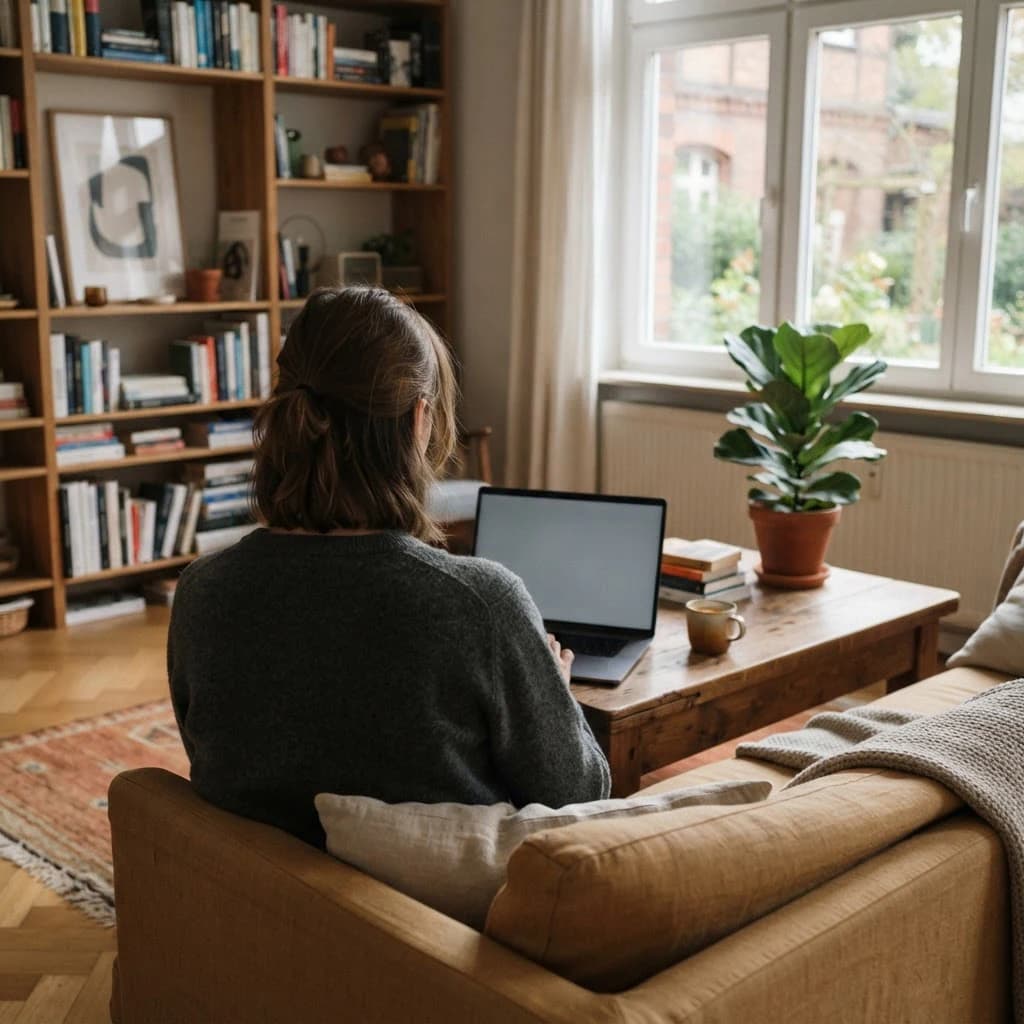 Person von hinten am Laptop im Wohnzimmer, Bildschirm ohne lesbaren Inhalt